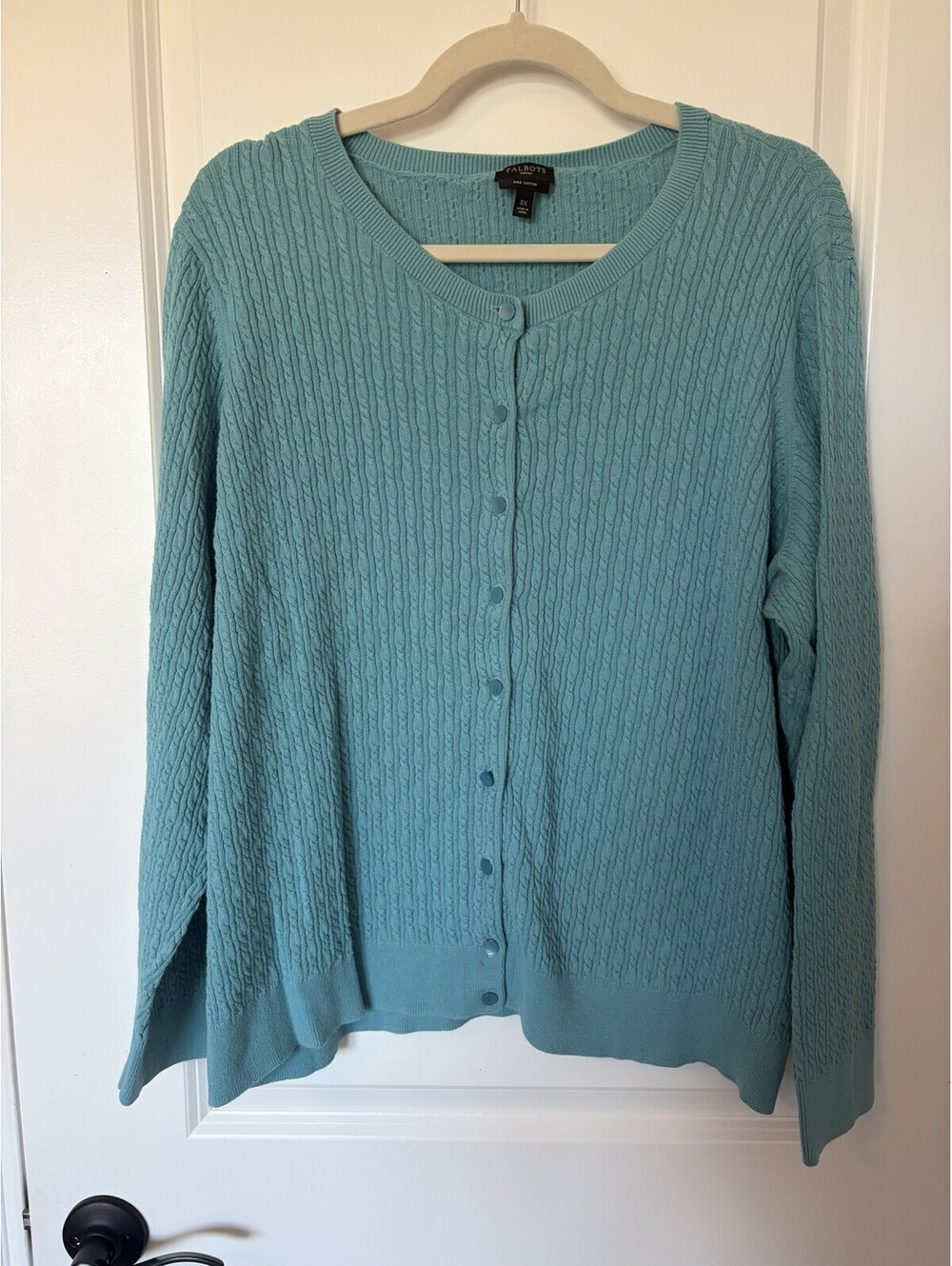 Talbots Womens Plus 3X Blue Pima Cotton Cable-Knit Button Front Cardigan